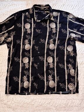 VTG John Henry Hawaiian Shirt M Black Rayon Pineapple Bamboo Aloha Cabana